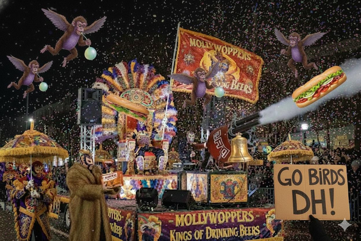 Mollywoppers Kings of Drinking Beers parade float with the group banner